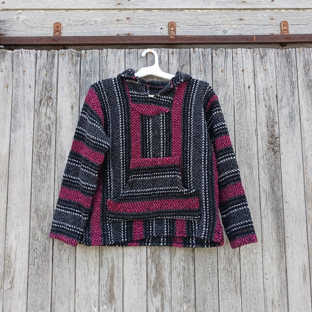 Baja Joe Pink And Black Woven Stripe Pullover Baja Hoodie Womens Sz Small